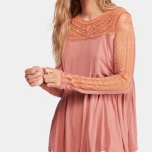 NWT Free people Jojo Mixed Media Swing Tunic Orange Lace Mesh Embroidered XS